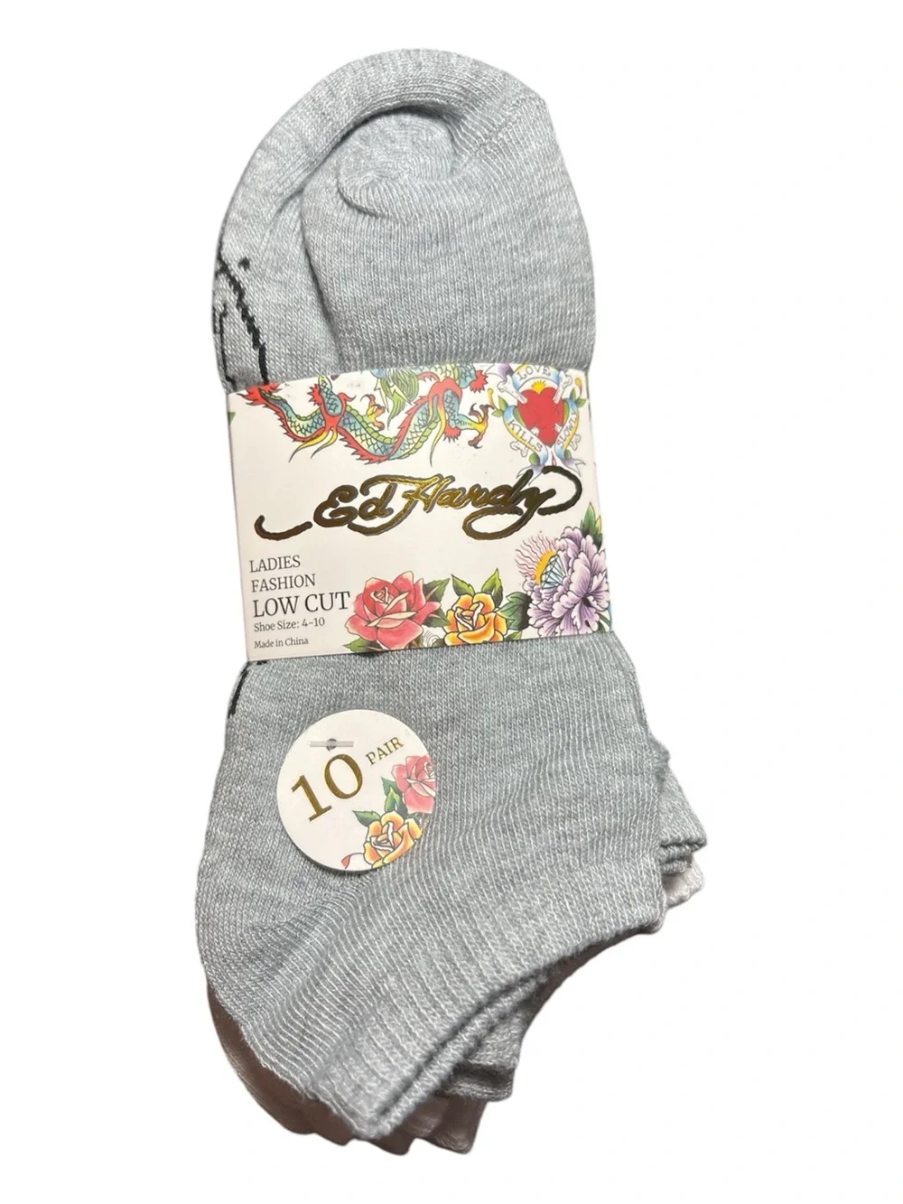 Ed Hardy Low Cut Socks 10 Pair Pack Black, White & Gray NWT